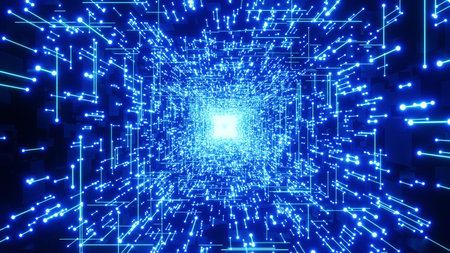 VJ, DJ loop. Cyberspace tunnel with particles and light paths. Background for music and video....