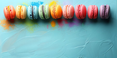 Colorful macarons on a blue background.の素材