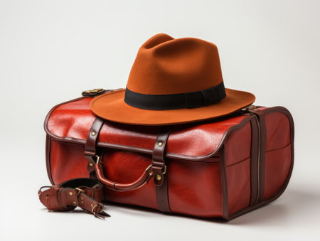 A leather suitcase with a hat and a belt.の素材