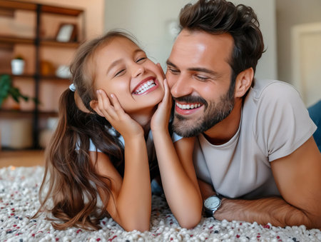A man and his daughter are lying on the floor laughing.の素材
