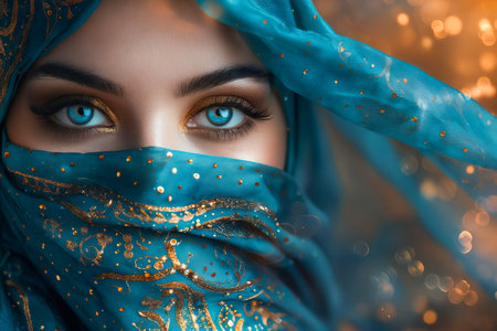 A beautiful woman with blue eyes and a scarf.の素材