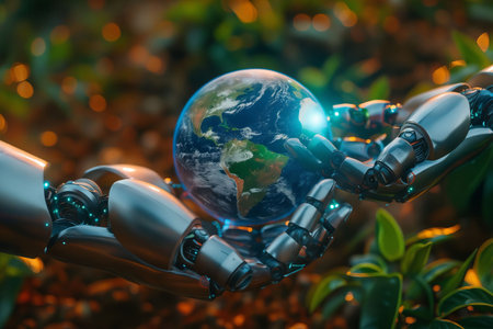 A robot holding the earth in its hands.の素材