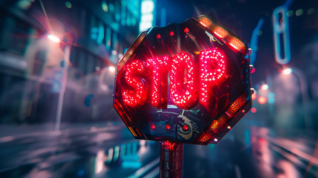 A stop sign with neon lights on it.の素材