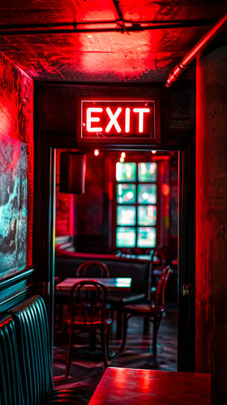 A red exit sign in a dark room.の素材