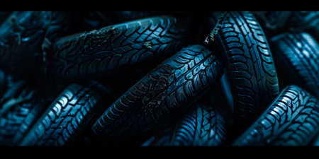 A pile of tires with black background.の素材