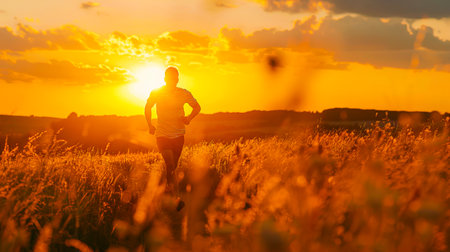 A man walking through a field at sunset.の素材