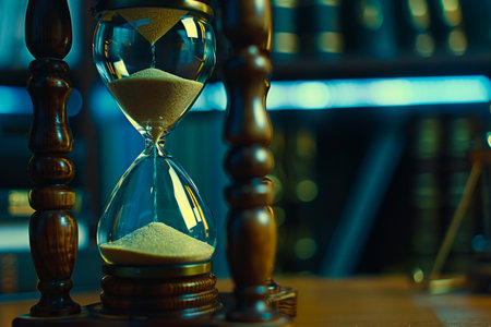 Hourglass on a wooden desk.の素材