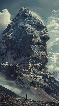 A man standing in front of a mountain with a face.の素材