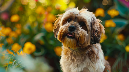 A small dog sitting in the grass with flowers in the background.の素材