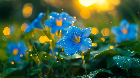 Blue flowers in the sun with water droplets.の素材