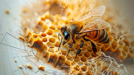 A bee is on a honeycomb with a background of honey.の素材
