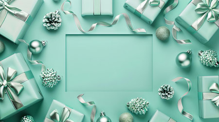 A green background with silver and white presents.の素材