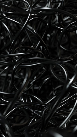 A pile of black wires in a dark room.の素材