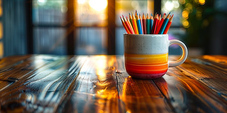 A cup of colored pencils on a wooden table.の素材