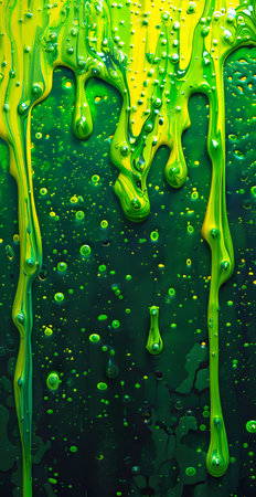 A green and yellow liquid drips down from a wall.の素材