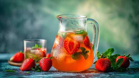 Strawberry iced tea with mint and strawberries.の素材