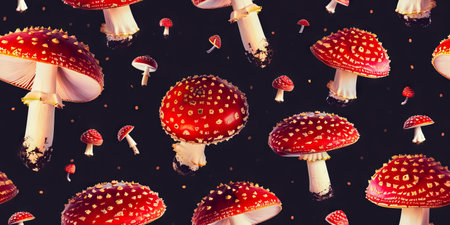 A pattern of red mushrooms on black background.の素材