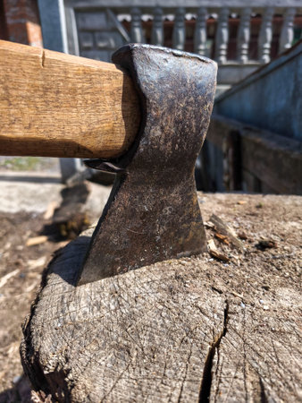 A large ax sitting on top of a tree stump.の写真素材