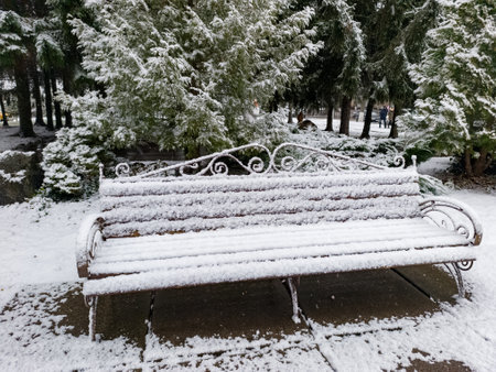 A park bench covered in snow in the middle of a park.の写真素材