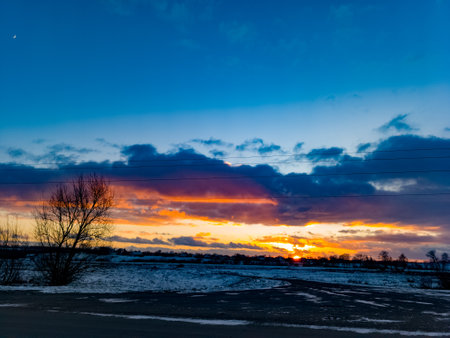 A sunset over a snowy field with a tree in the foreground.の写真素材