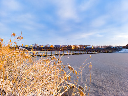 A view of a body of water with a bridge in the background.の写真素材