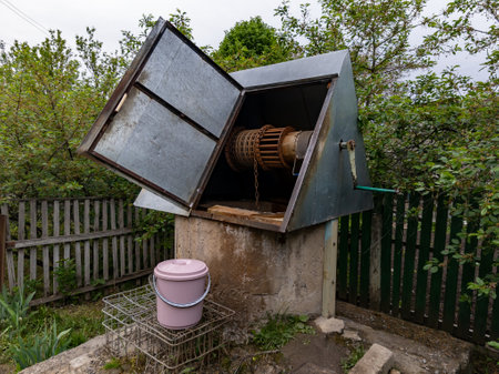 A well with a water with a pink bucket.の写真素材