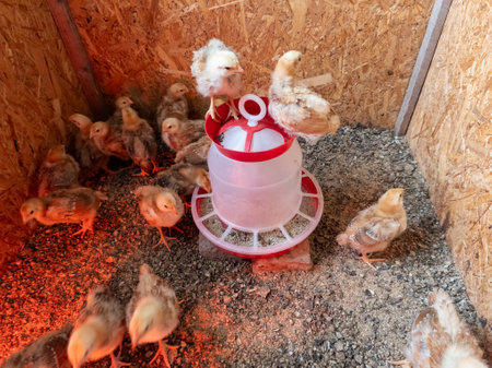 A group of small chicks in a chicken coop with a red and white bucket.の写真素材