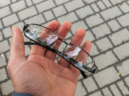 A person holding a pair of glasses in their hand.の写真素材