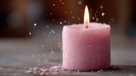A pink candle with a lit candle in the middle of it.の素材