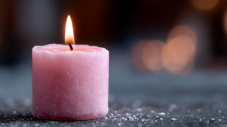 A pink candle sitting on top of a table covered in snow.の素材