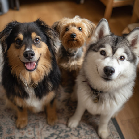 Three dogs sitting next to each other on a rug on the floor.の素材