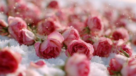A bunch of pink roses covered in snow.の素材