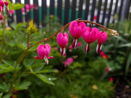 A bunch of heart flowers in front of a fence.の写真素材