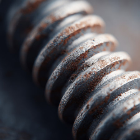 A close up of a rusty bolt on a metal surface.の素材