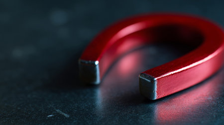 A red horseshoe shaped magnet on a black surface.の素材