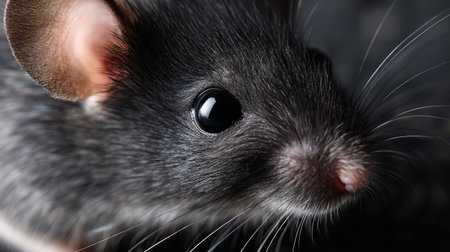 A close up of a rat's face with a black background.の素材