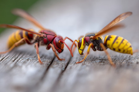 Two yellow and red wasps are fighting on a wooden surface.の素材