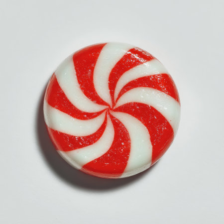 A red and white peppermint candy on a white surface.の素材