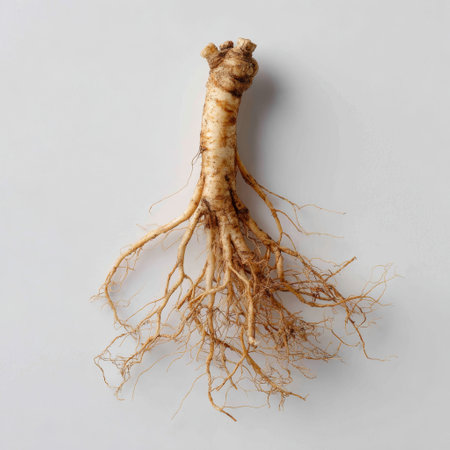A close up of a root of a ginseng plant on a white surface.の素材