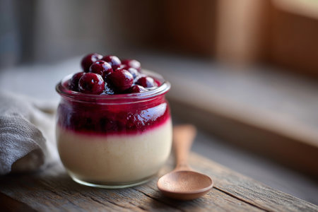 A glass jar filled with cherries sitting on top of a wooden table.の素材