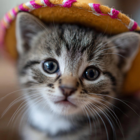 A small kitten wearing a sombrero on its head.の素材