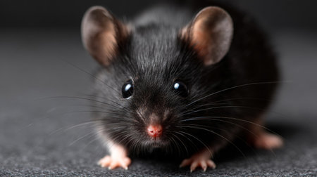 A black rat sitting on top of a carpet.の素材