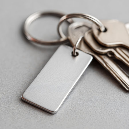 A metal keychain with a metal tag attached to it.の素材