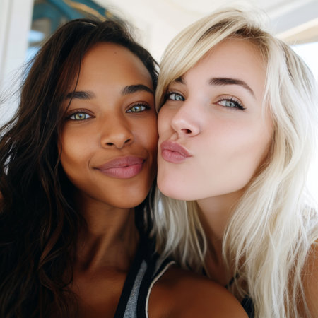 Two young women are posing for a picture together.の素材
