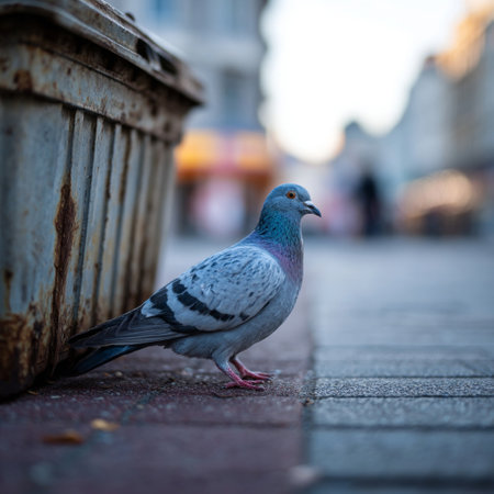 A pigeon standing on the ground next to a trash can.の素材