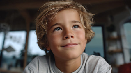 A young boy with blonde hair and blue eyes looking up at the sky.の素材