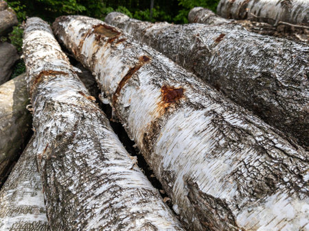 A pile of logs that are laying on the ground.の写真素材