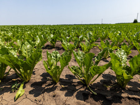A field of sugar beet, rows of green leaves.の写真素材