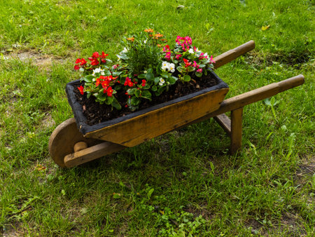 A wooden wheelbarrow filled with flowers sitting in the grass.