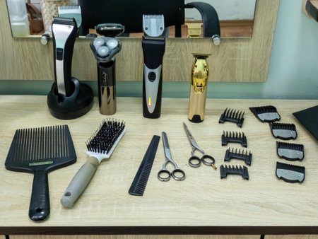 Hairdresser's tools on the table in front of the mirror.